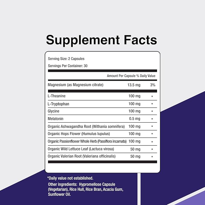 SleepSupport - Natural Sleep Aid for Adults to Help Promote Calm and Relaxation - Organic Sleep Supplement with Ashwagandha Valerian Root Magnesium Melatonin Glycine L-Tryptophan - 60 Capsules
