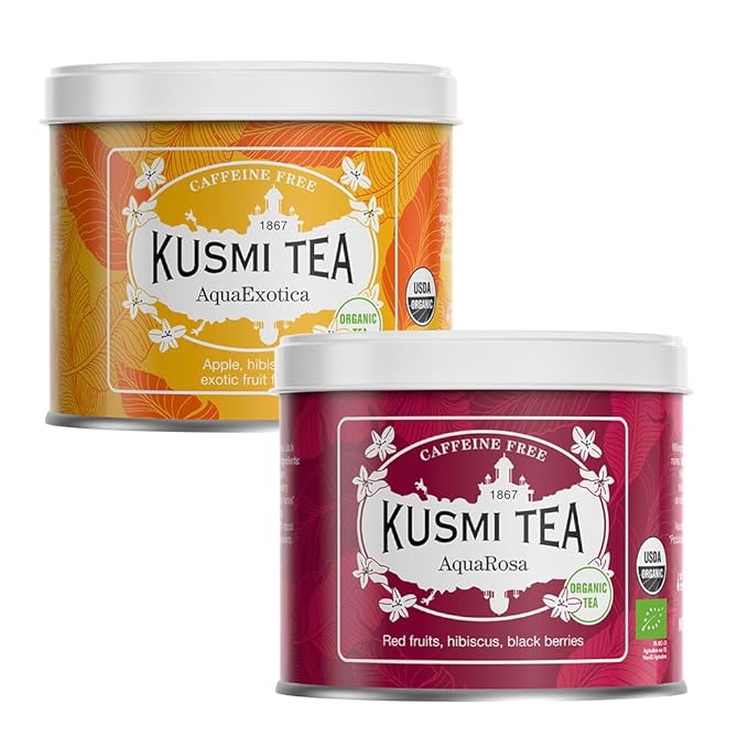 Kusmi Tea - AquaRosa + AquaExotica - Organic Blend of Hibiscus and Fruits - Caffeine Free Herbal Tea - Enjoy Hot or Iced - Loose Leaf Tea - 2 Tin Boxes of 3.5 oz