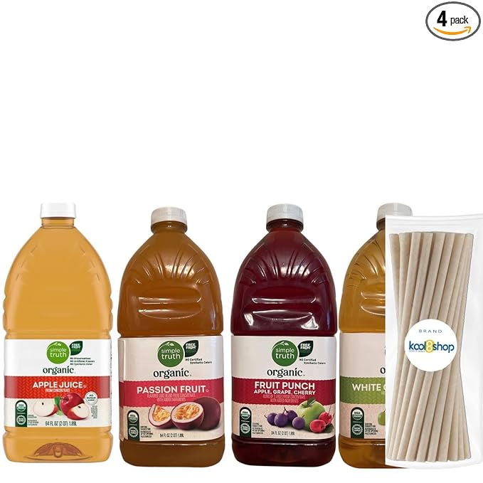 Simple Truth Organic Variety Pack Fruit Juice 64 fl oz Plastic Bottles 4 Pack + 15 Sugarcane Disposable Straws by KOOL8SHOP Infinite Deals