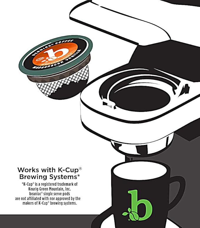 beaniac Flavor Freak Madagascar Vanilla Flavored Light Roast Single Serve Compostable K Cup Coffee Pods Arabica Coffee with Natural Flavors Keurig Brewer Compatible 30 Count