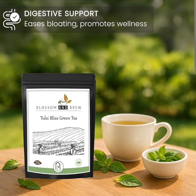 Blossom &amp Brew Tulsi Bliss Green Tea (2.46oz) Loose Leaf Premium Herbal Green Tea Green Loose Leaf with Tulsi/Basil Leaves Natural Ingredients Brew Hot or Iced