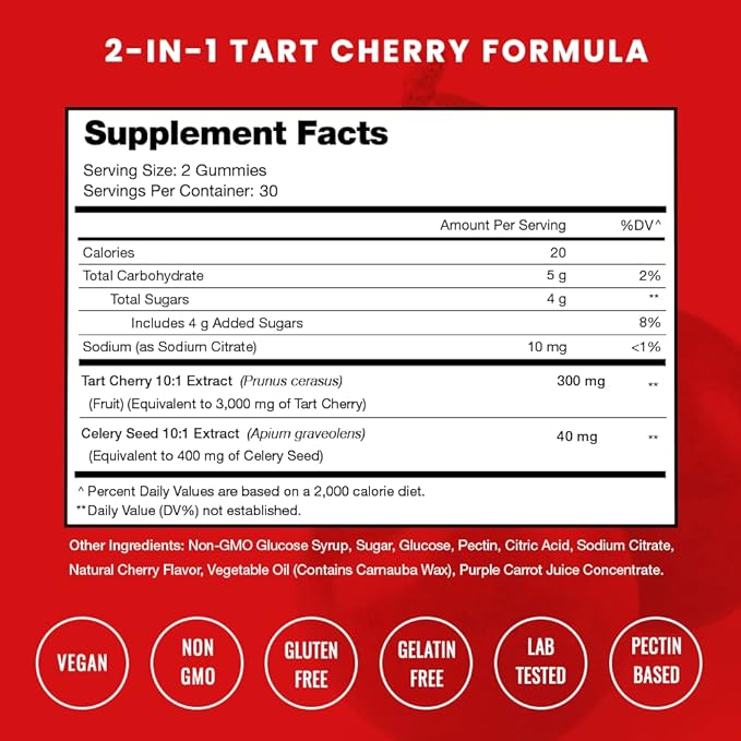 NutraChamps Tart Cherry Gummies - 3000mg Tart Cherry Extract with Celery Seed - Uric Acid Cleanse Supplement - Antioxidant Joint Comfort Flexibility Immune Health Sleep - 60 Vegan Gummies (2-Pack)