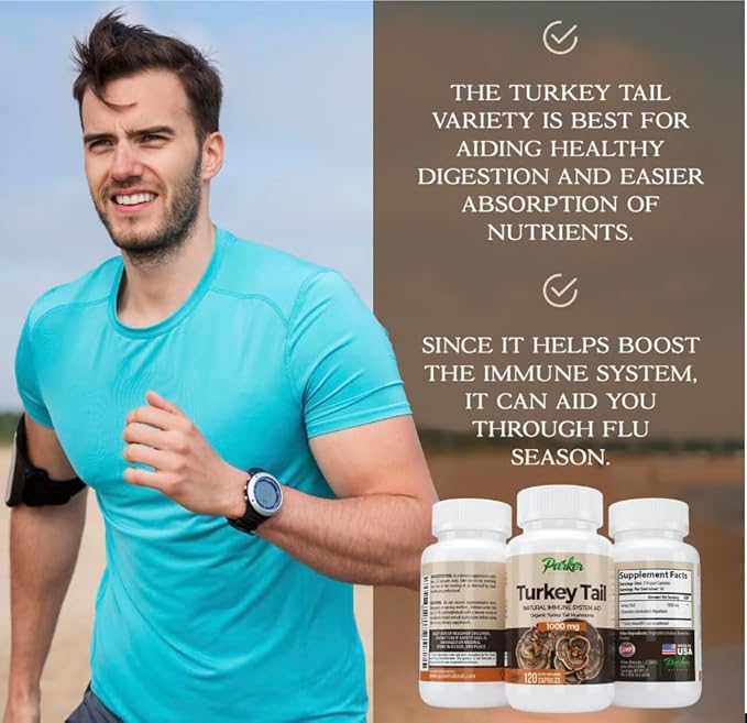 Parker Naturals Turkey Tail Mushroom Capsules - Organic Mushroom Supplement for Immune System Health Support - 1000 mg Premium Mushroom Supplements - 120 Capsules