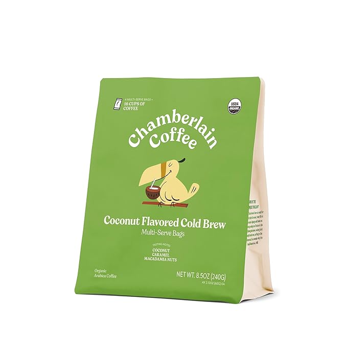 Chamberlain Coffee Organic Coconut Cold Brew XL Coffee Bags Medium Roast - Premeasured Ready to Brew - Makes 4 Cups per Bag - Perfect for Iced Coffee Convenient and Easy Brewing Experience - 8.5 oz