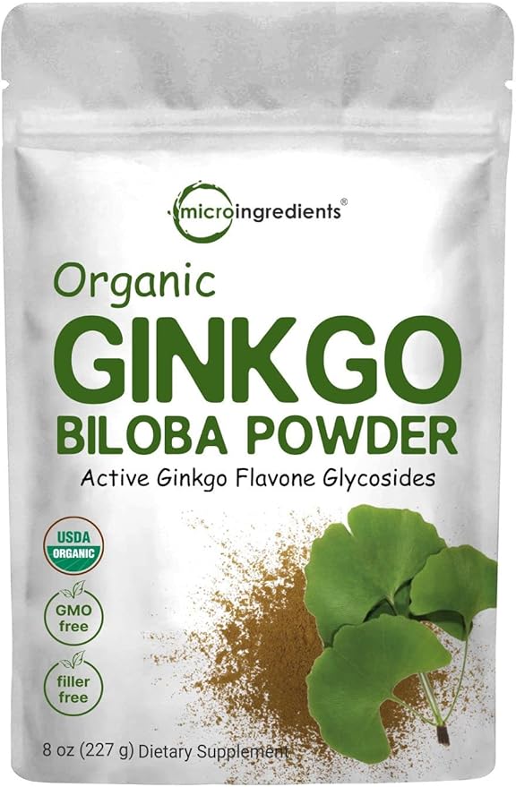 Micro Ingredients Organic Ginkgo Biloba Extract Powder 8oz | Naturally Occurring Ginkgo Flavone Glycosides | Herbal Supplements for Women &amp Men | Non-GMO Vegan Friendly