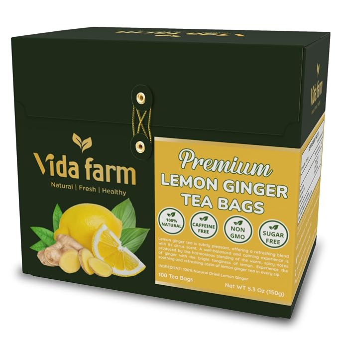VIDA FARM 100 Lemon Ginger Tea Bags 100% Natural Ingredients - Warming &amp Spicy Blend Caffeine Free Sugar Free Non-GMO Lemon &amp Ginger Herbal Tea Beverage