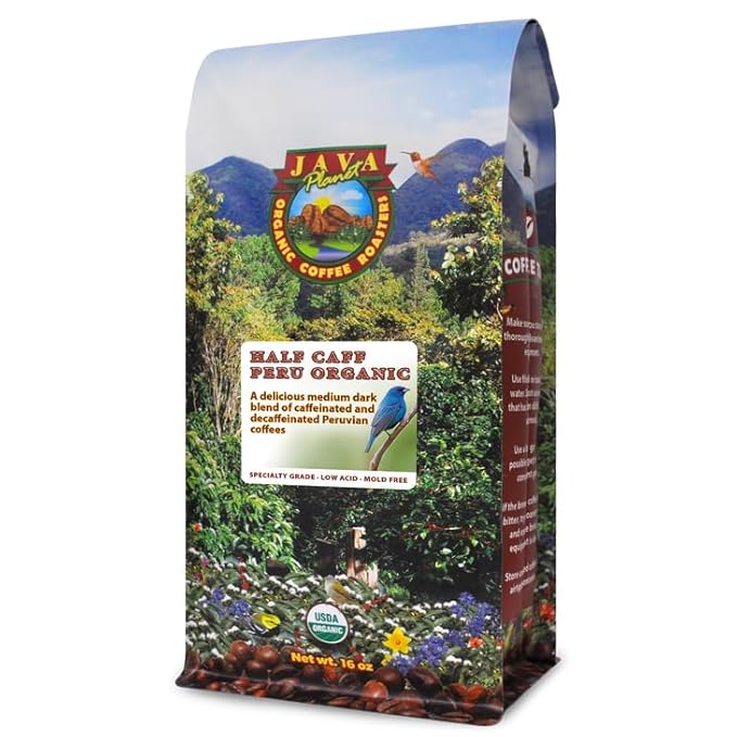 Low Acid Organic Coffee – Whole Bean Mold-Free &amp Stomach Friendly by Java Planet Peruvian Single Origin Half Caff Coffee Medium Dark Roast Arabica Gourmet Coffee Grade A 1LB Bag