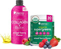 Zena Nutrition Liquid Collagen Peptides and Biotin Mixed Berry 20.3 Fl Oz + Organic Supergreens Greens Powder 70+ Superfoods Mixed Berry 30 Servings