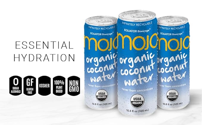 MOJO Organic Coconut Water | Hydration &amp Sports | Electrolytes 1043 mg | Vitamin B &amp C | Super Hydration for Skin &amp Body | 11.1 Oz (Pack Of 12)