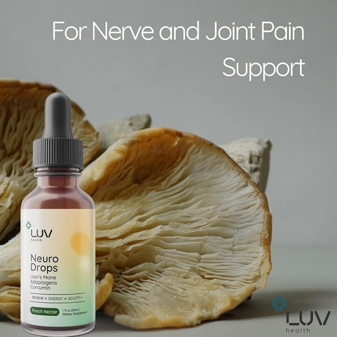LUV health Neuro Drops – Nerve Pain Support &amp Joint Comfort with Lion’s Mane Curcumin Cordyceps &amp Reishi – Organic Adaptogens – Vegan Non-GMO Made in USA - 30 Servings