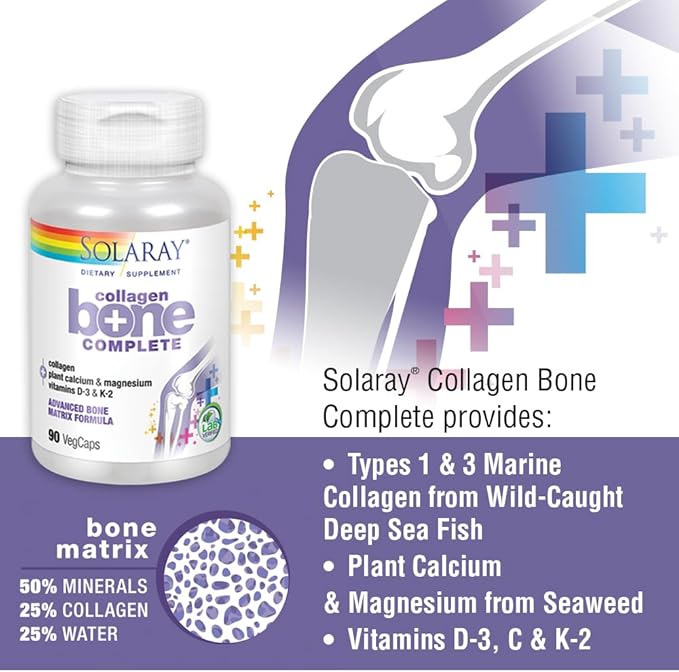 Solaray Collagen Bone Complete - Marine Collagen Capsules with Calcium Magnesium &amp Vitamin D3 for Women &amp Men Bone Strength &amp Health Support - 90 Capsules