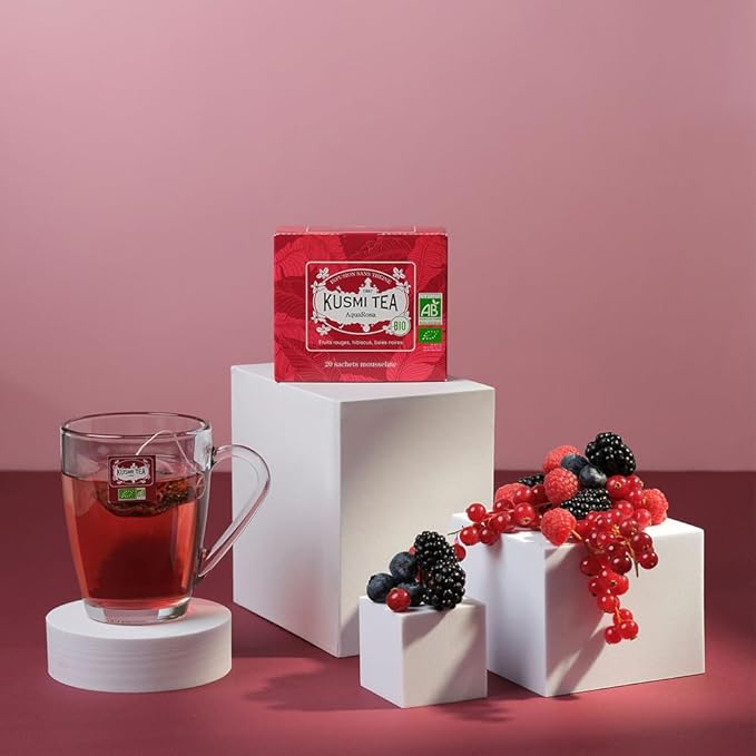 Kusmi Tea - Pack of 2 Boxes of Tea Bags - AquaExotica + AquaRosa - Iced Herbal Tea Recipe - Hibiscus Based Fruit Teas with Apple Rosehips Black Berries - Caffeine Free Herbal Tea - 2x20 Tea Bags