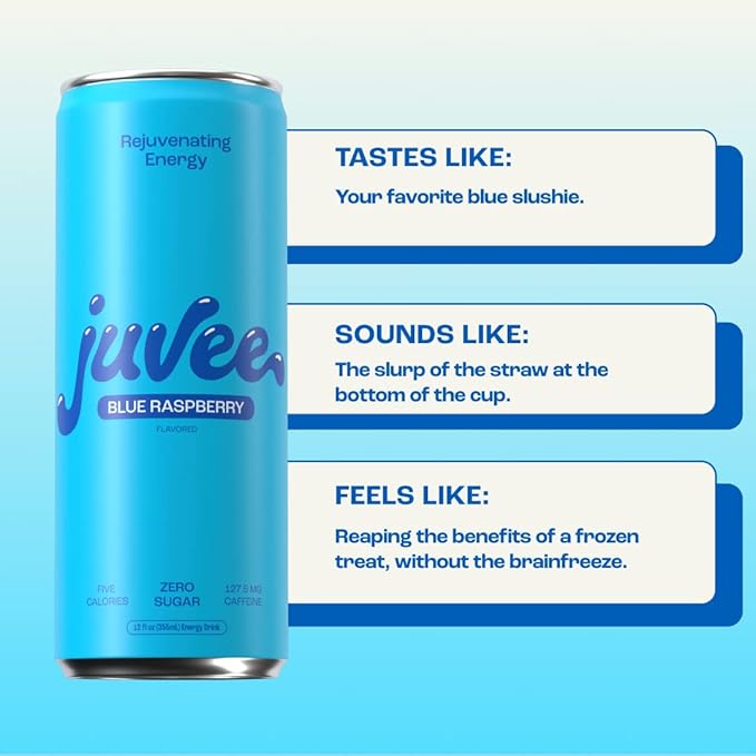 Juvee Rejuvenating Energy Drink – 12 oz Cans Pack of 12 – Sugar Free 128 mg Natural Caffeine per Can Zero Sugar Low Calorie Clean Energy &amp Mental Focus Booster