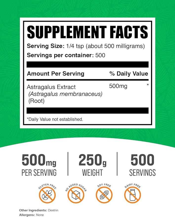 BulkSupplements.com Astragalus Extract Powder - Astragalus Root Powder Herbal Supplement - Vegan &amp Gluten Free 500mg per Serving 250g (8.8 oz) (Pack of 1)