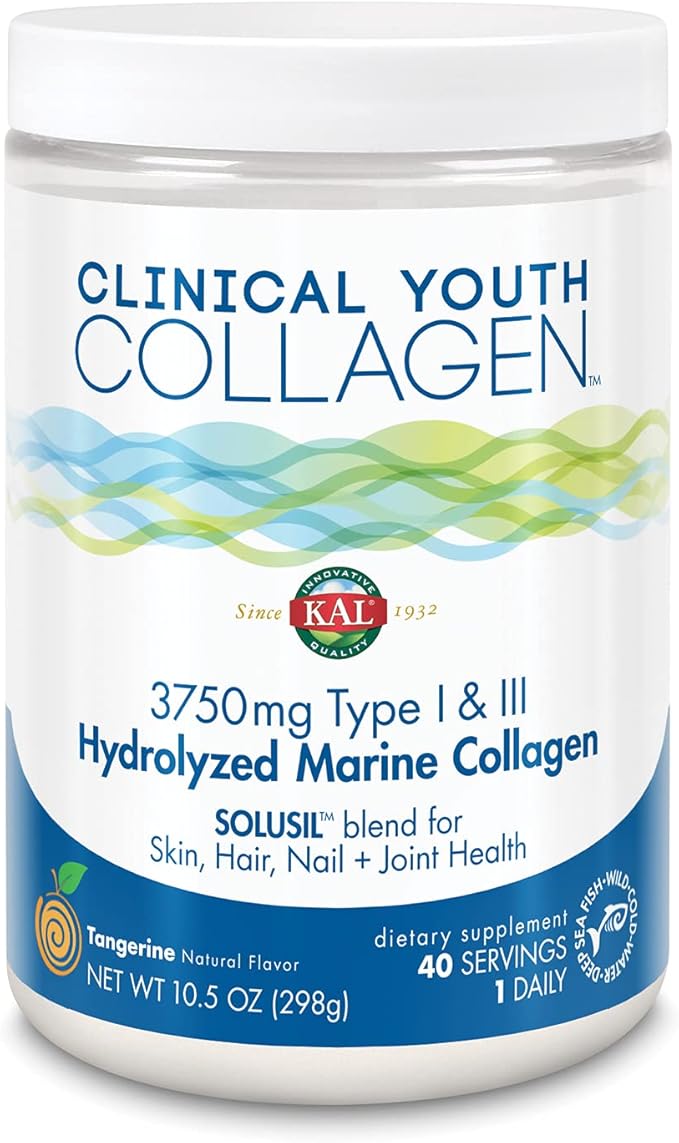 KAL Clinical Youth Collagen | Healthy Skin Hair Nail and Joint Support | Vitamin C | Natural Tangerine Flavor | 10.5oz 40 Serv.