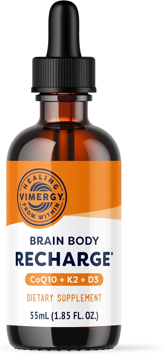 VIMERGY Brain Body Recharge* - W/Vitamin D3 K2 &amp CoQ10 – Boosts Cellular Energy – Fortifies Blood Vessels and Bones – Defends Against Free radicals – Vegan and Gluten Free – 55mL