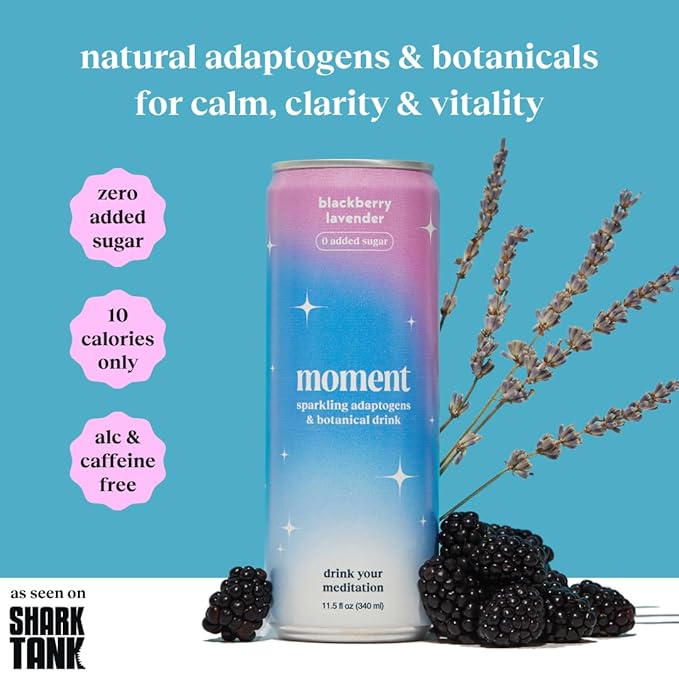 Moment Botanical Soda Soft Drink (Shark Tank) - SPARKLING Non Alcoholic Drinks | Blackberry Lavender | L-Theanine &amp Ashwagandha for Calm &amp Clarity | 0 Added Sugar 0 Caffeine | 24-pack