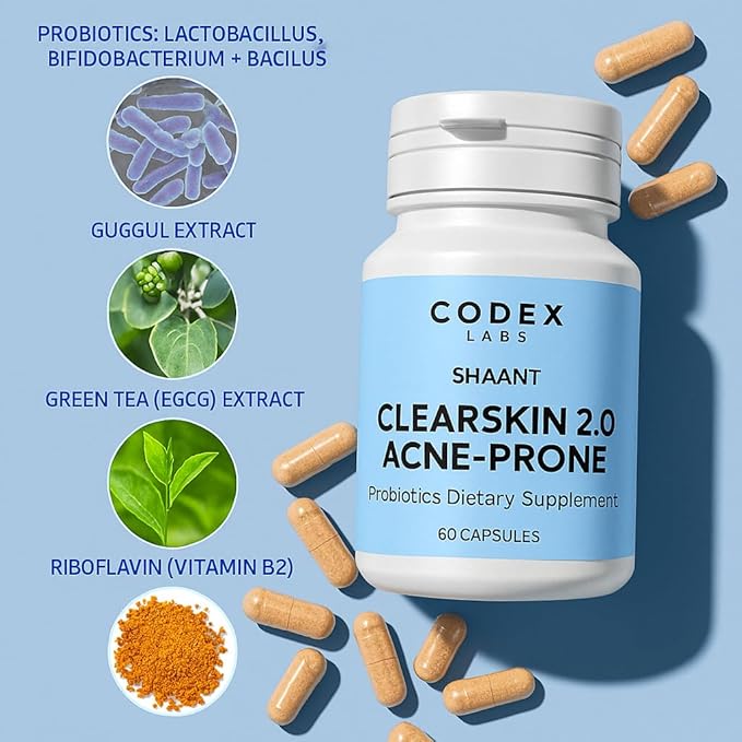 Codex Labs Shaant Clear Skin Supplement – 60 Vegan Capsules | Acne Probiotics with 9-Strain Blend Green Tea EGCG &amp Guggul – Daily Support for Acne-Prone Skin &amp Clear Complexion