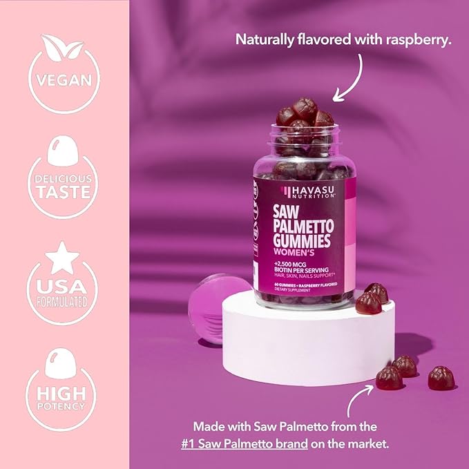 Saw Palmetto for Women with 2500mcg Biotin - DHT Blocker and Hair Skin Nail Health Gummies - 60 Count - Supports Stronger and Fuller Looking Locks and Radiant Skin - Vegan Non-GMO 1 Month Supply