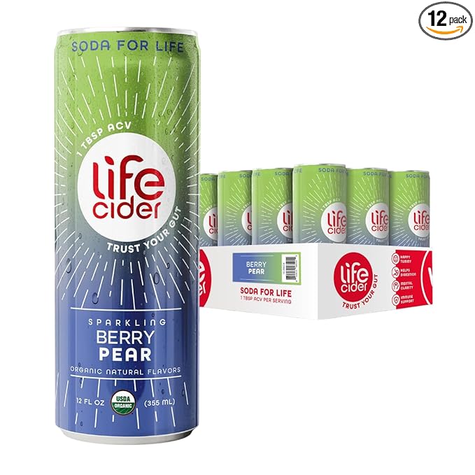 Life Cider Berry Pear Flavored Apple Cider Vinegar Soda 12 Pack Organic Sparkling AVC Drink Natural Flavors Promotes Gut Health Vitamins C B12 Zinc D3