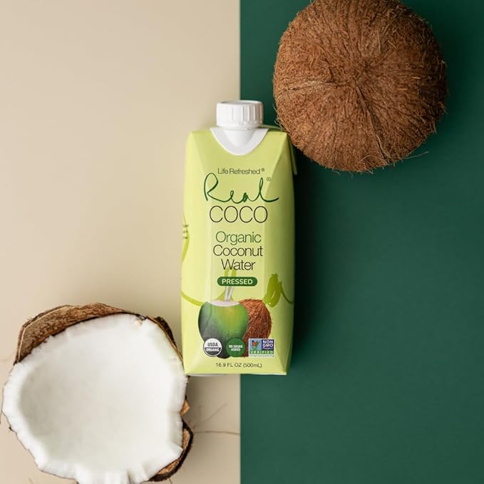 Real Coco Organic Pressed Coconut Water (12-Pack 500mL) USDA Organic No Sugar Added Essential Electrolytes Plant Based NON GMO Dairy &amp Soy Free