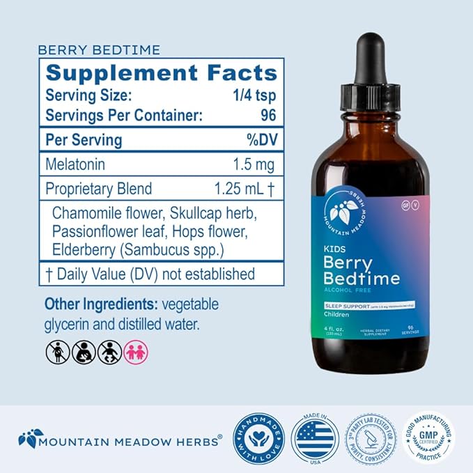 Mountain Meadow Herbs Berry Bedtime – Kids Sleep Support Drops with Melatonin Chamomile Lemon Balm &amp Passionflower - Natural Sleep Aid for Children – 4 oz