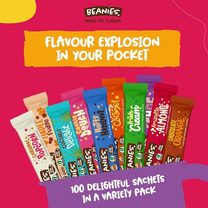 Beanies 100 Instant Coffee Packets – Variety Pack - Individual Coffee Singles – 10 Flavors for A Bold &amp Adventurous Coffee Gift Basket100 Stick Mix