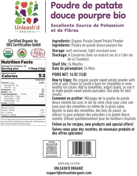 UNLEASH'D ORGANIC Organic Purple Potato Powder 16 oz – 100% Pure Natural Superfood Rich in Antioxidants &amp Plant Nutrients