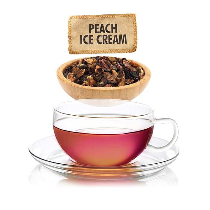 English Tea Store Peach Ice Cream Herbal Tea - 16oz | Loose Leaf Fruit &amp Floral Blend | Caffeine Free Dessert Tea | Real Peach Apple &amp Flower Infusion | Serve Hot or Iced
