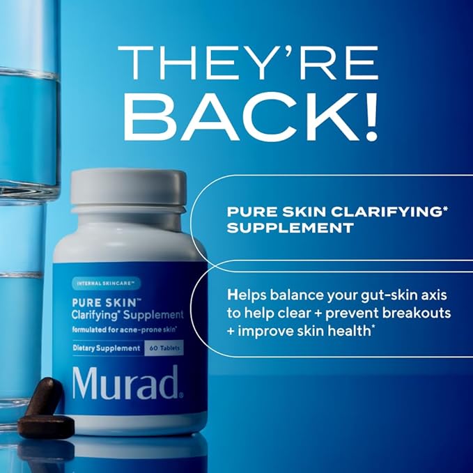 Murad Pure Skin Acne Supplements – 60 Tablets – Clear Skin Support with Blend of Vitamin A &amp B6 Zinc Amino Acids &amp Burdock Root – Promotes Healthy Skin Oil Balance Gut Health &amp Stress