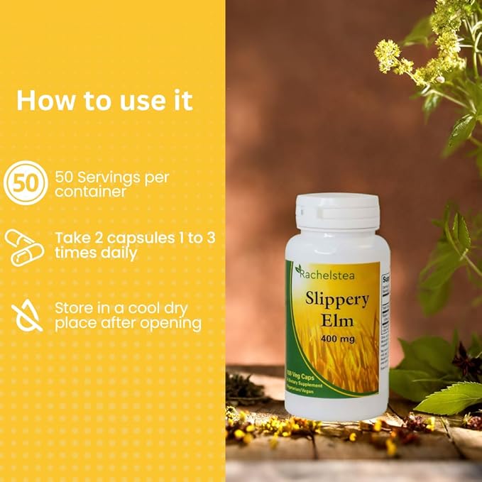 Rachelstea (30 Bags/60 Cups) with Slippery Elm Bark 400 mg 100 Capsules - Caffeine Free