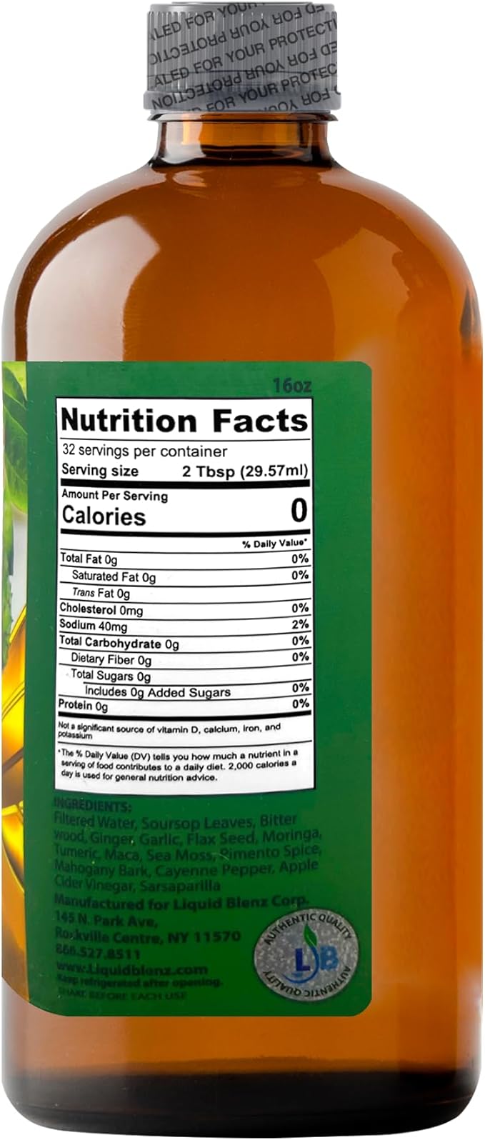 LIQUID BLENZ Pure Soursop Bitters with Moringa &amp Turmeric | Herbal Detox &amp Natural Energy Support | 16 fl oz