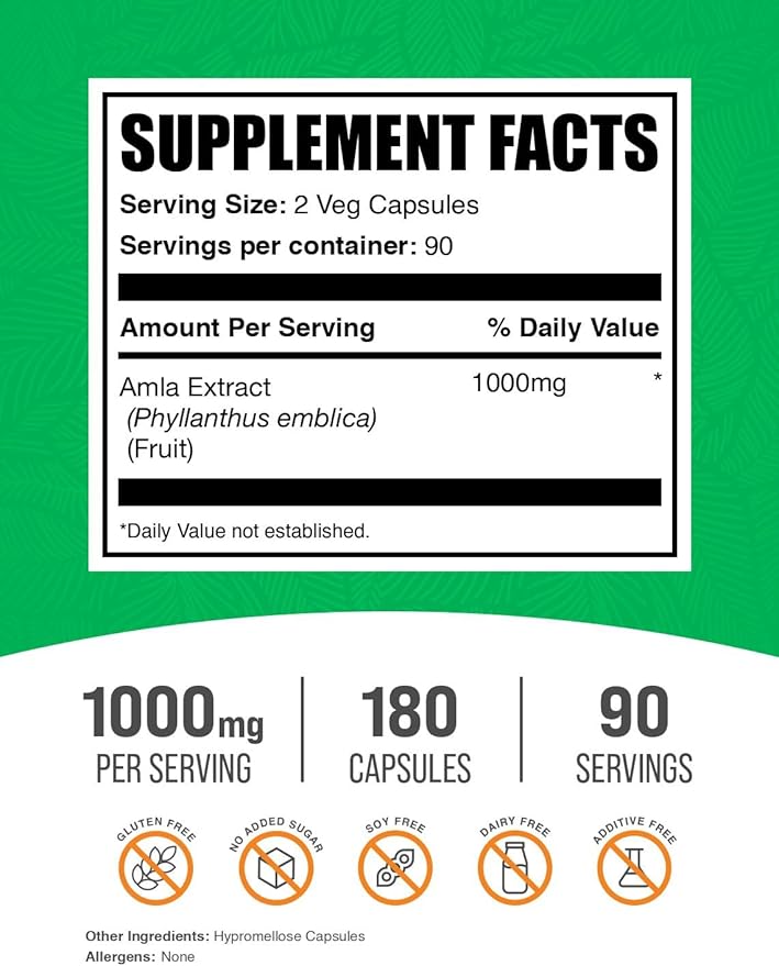 BulkSupplements.com Amla Extract Capsules - Indian Gooseberry Fruit Extract Herbal Supplement - Gluten Free 2 Capsules per Serving (1000mg) 180 Count (Pack of 1)