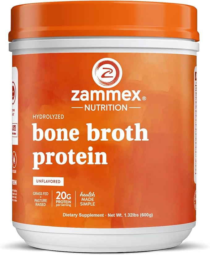 Zammex Pure Grass Fed Beef Bone Broth Protein Powder 20g Protein Hydrolyzed Collagen Supplement for Healthy Skin Nails Hair Joints Non-GMO Gluten Free Paleo &amp Keto Friendly Great in Soup