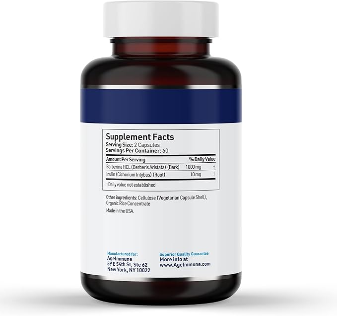 AgeImmune Berberine 1000mg Supplement Complex with Inulin Prebiotic - Berberine HCL 500mg per Capsule - Doctor Formulated and Third Party Tested Berberine Supplement