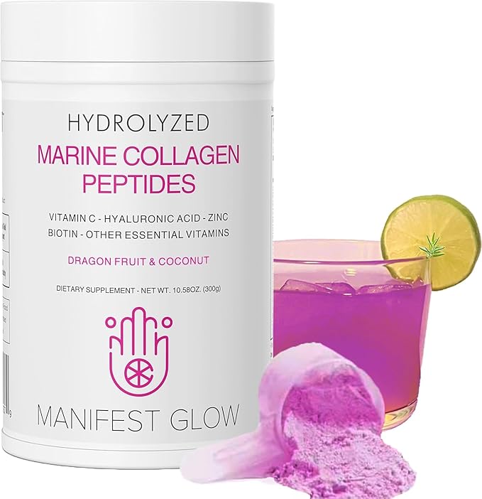 Marine Collagen Peptides - Dragon Fruit Coconut Water Pineapple - Vitamin C Hyaluronic Acid Copper Zinc Biotin Niacin D3 B-Complex - Hair Skin &amp Nails 30 Servings