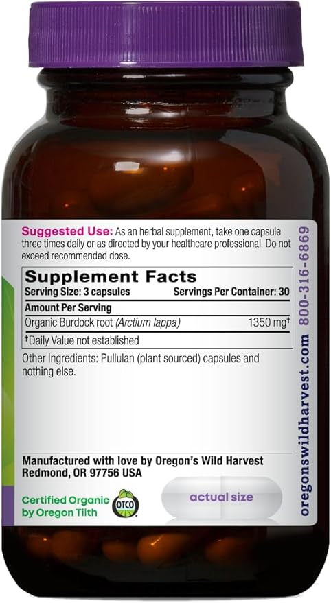 Oregon's Wild Harvest Burdock Organic Traditional Herbal Supplement Non GMO and Gluten Free | Vegan Capsules 90 Count
