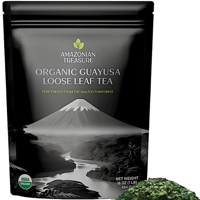Amazonian Treasure Organic Guayusa Loose Leaf Tea 16 OZ (1LB) Smooth Energy Boost Alternative to Coffee &amp Yerba Mate 60 mg Caffeine per Serving.