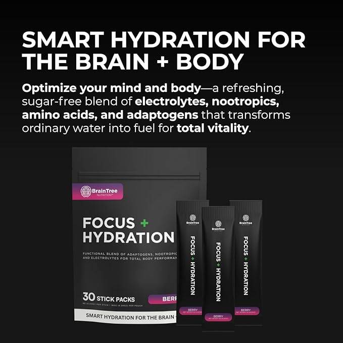BrainTree Nutrition - Focus + Hydration - Electrolyte Drink Mix - Total Body Hydration - Supports Cognitive Function Energy &amp Muscle Recovery - Sugar Free - Berry - 30 Stick Packs
