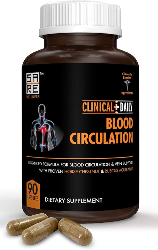 Clinical Daily Blood Circulation Supplement. Butchers Broom Horse Chestnut Cayenne L-Arginine Diosmin. Herbal Varicose Vein Treatment. Poor Circulation and Vein Support. 90 Capsules