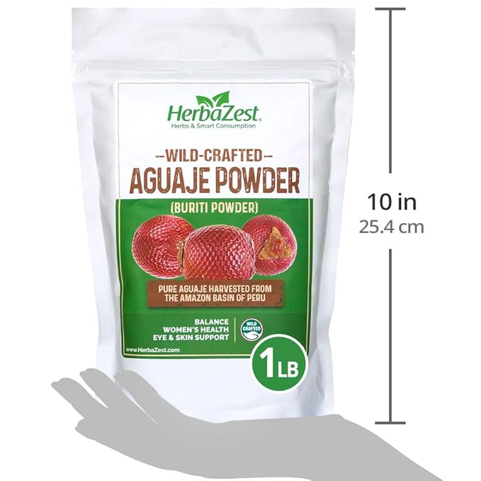 HerbaZest Aguaje Powder – 16 Ounce (1 Full LB) – Vegan &amp Gluten Free – Wild Crafted &amp 100% Pure – Perfect for Smoothies Baked &amp Non-Baked Goods Yogurt &amp Cereal Ice Cream &amp More
