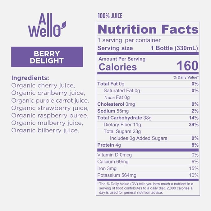 AllWellO Organic Cold Pressed Juice Drinks with Real Fruits and Vegetables Gluten Free Non-GMO Healthy Juices No Preservatives No Sugar Added (Berry Delight 12 Pack)