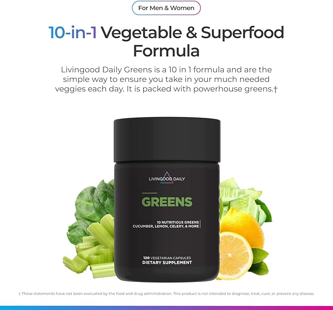 Livingood Daily Greens Capsules Super Greens Supplement with Spirulina Chlorella Broccoli Spinach Celery Lemon &amp More Plant Based for Digestion &amp Gut Health Non GMO Vegetarian 120 Ct