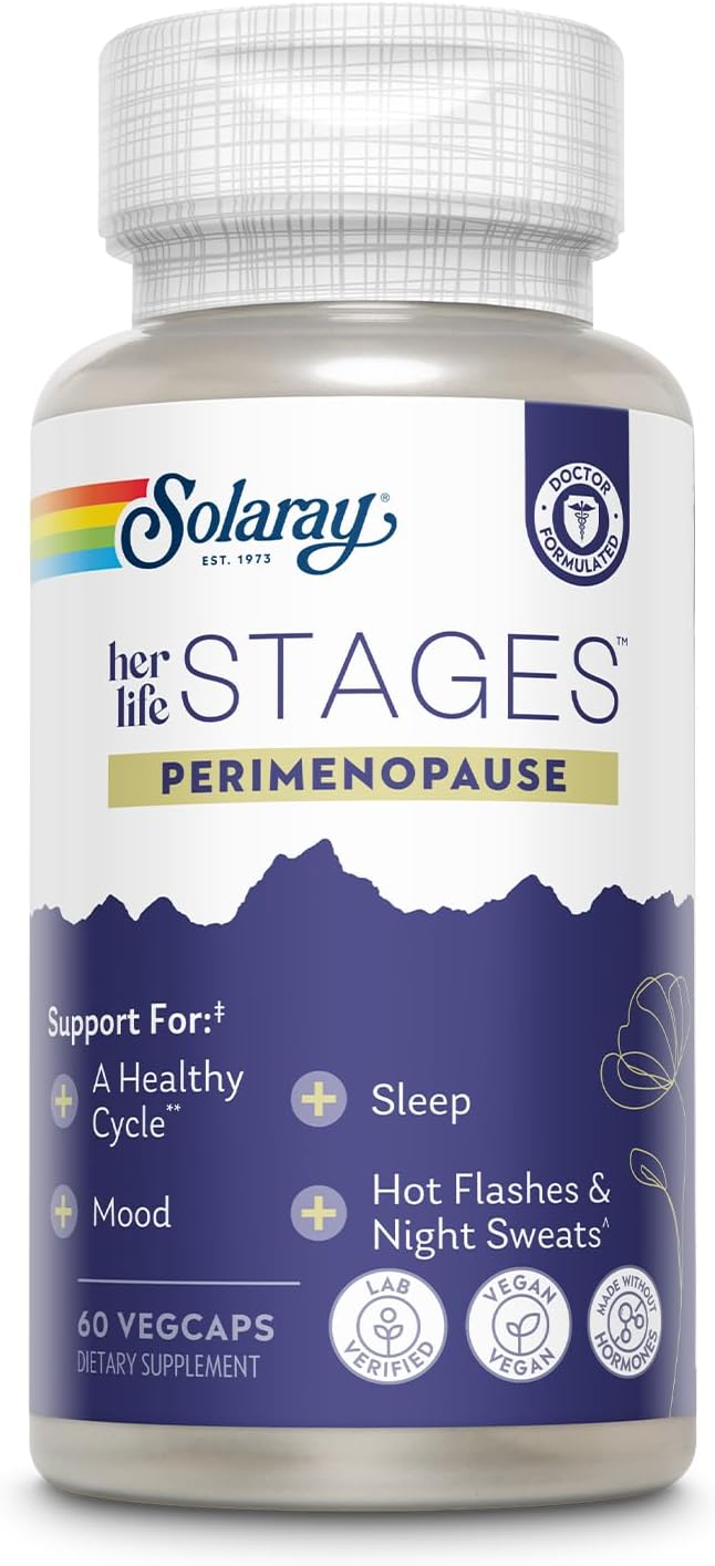 SOLARAY Perimenopause her Life Stages - Perimenopause Supplements Women - Hot Flashes Menopause Support - Saffron and Chasteberry - Made Without Hormones - 60-Day Guarantee - 30 Servings 60 VegCaps
