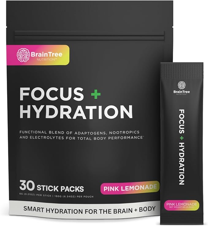 BrainTree Nutrition - Focus + Hydration - Electrolyte Drink Mix - Total Body Hydration - Supports Cognitive Function Energy &amp Muscle Recovery - Sugar Free - Pink Lemonade - 30 Stick Packs