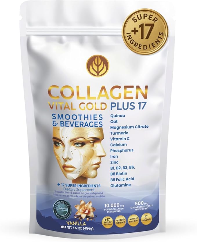 Vital Life Collagen Peptides Powder - Hydrolyzed Collagen with +17 Super Ingredients 1 lb Vanilla Flavor Supplement for Healthy Hair Skin Nails Bones Joints Collagen for Women &amp Men.