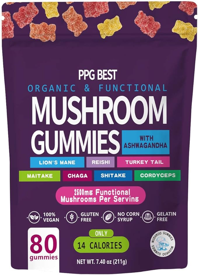 Organic &amp Functional Mushroom Gummies Supplement ASHWAGANDHAREISHITurkey Tail MAITAKE SHATAKE Chaga CORDYCEPS BOOSTS CognitivePerformance Gluten FreeVegan Low CARBGUMMIES80