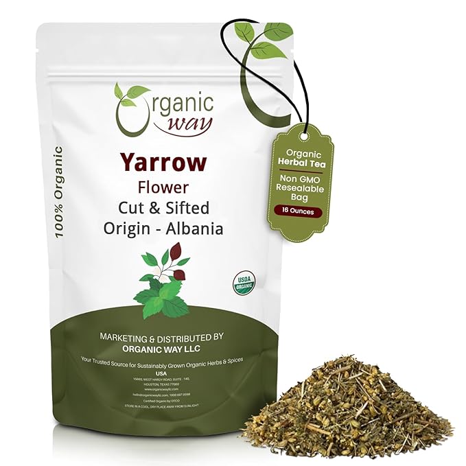 Organic Way Yarrow Flower Cut &amp Sifted (Achillea millefolium) - Herbal Tea | European Wild-Harvest | Kosher &amp USDA Certified | Vegan Non-GMO &amp Gluten Free | 100% Raw from Albania (1LBS /