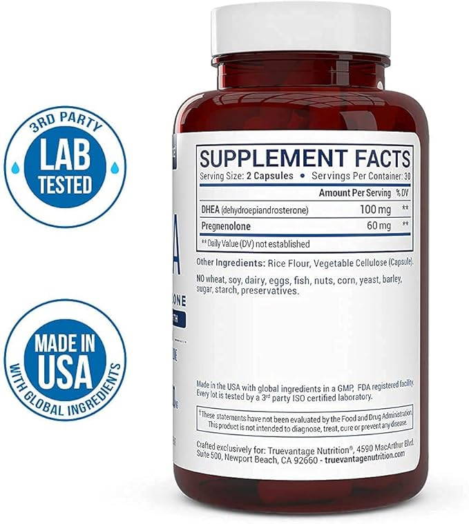 DHEA 100mg Supplement with Pregnenolone 60mg -Supports Hormone Balance Lean Muscle Mass Energy Mood Sleep and Healthy Aging in Men and Women- Vegetable Capsules