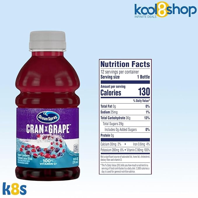 Ocean Spray Cran Grape Fruit Juice Drink 10 fl oz Plastic Bottles 24 Pack + 2 Reusable Snack Bags by KOOL8SHOP Infinite Deals